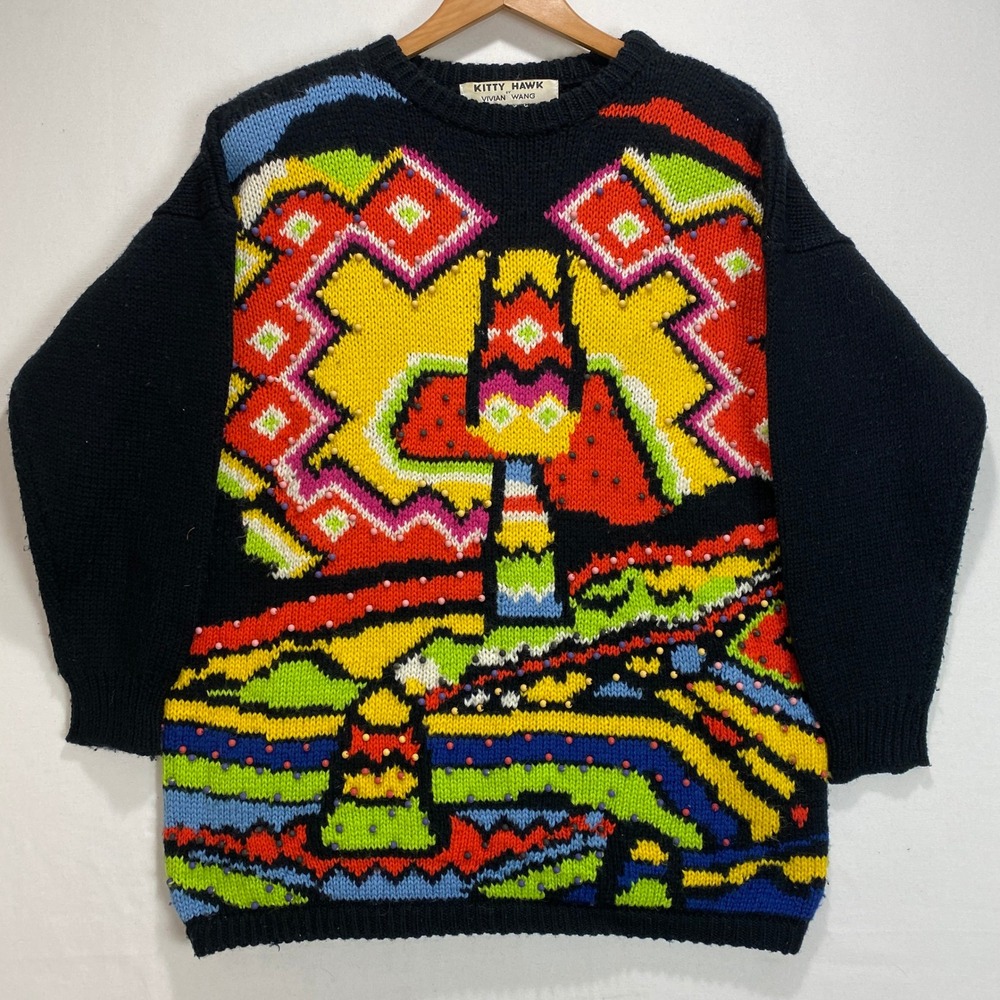 Kitty Hawk by Vivian Wang Multicolor Geometric‎ Beaded Knit Sweater